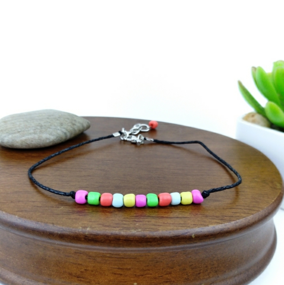 Neon Beaded Black Cord Ankle Bracelet